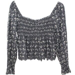 American Eagle Floral Smocked Peasant Top Size M Charcoal Grey Eyelet Trim